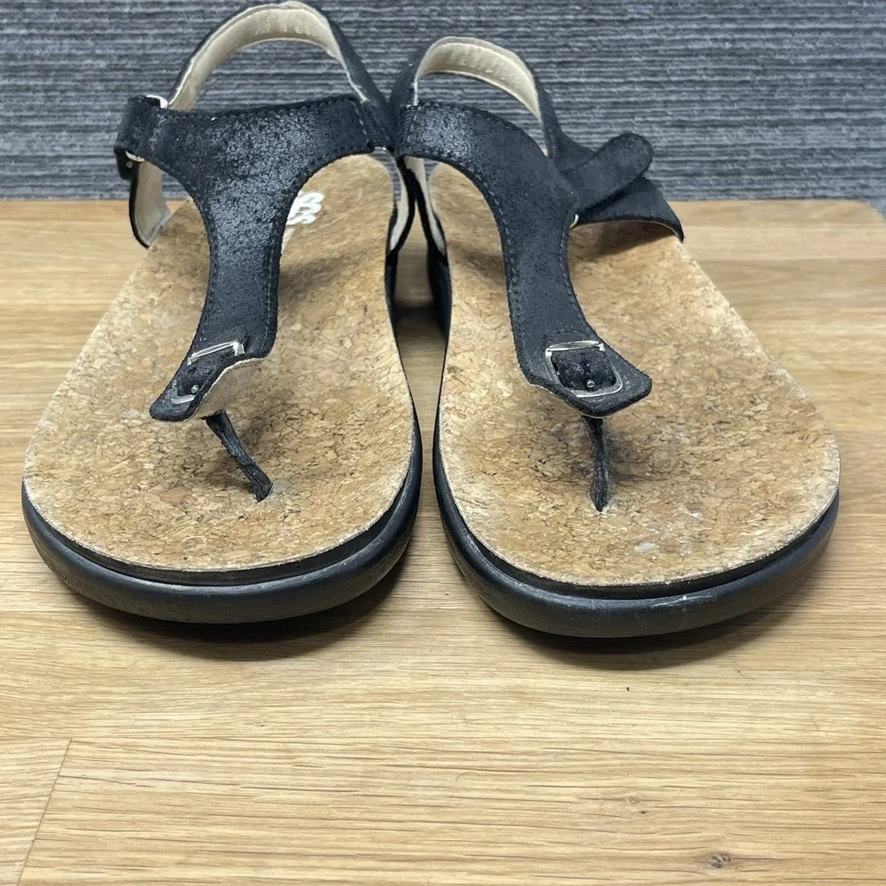 SAS Marina Sandals Womens 9.5 W Black Leather T-Strap Wide Cork Bed Thong Shoes‎
